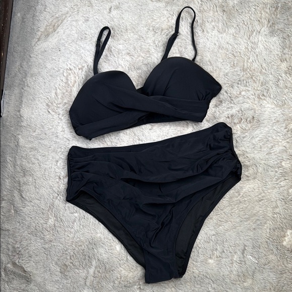 High Waisted Bikini-Set Push Up V Neck Ruched Bottom, Black, Size XL - Picture 2 of 11